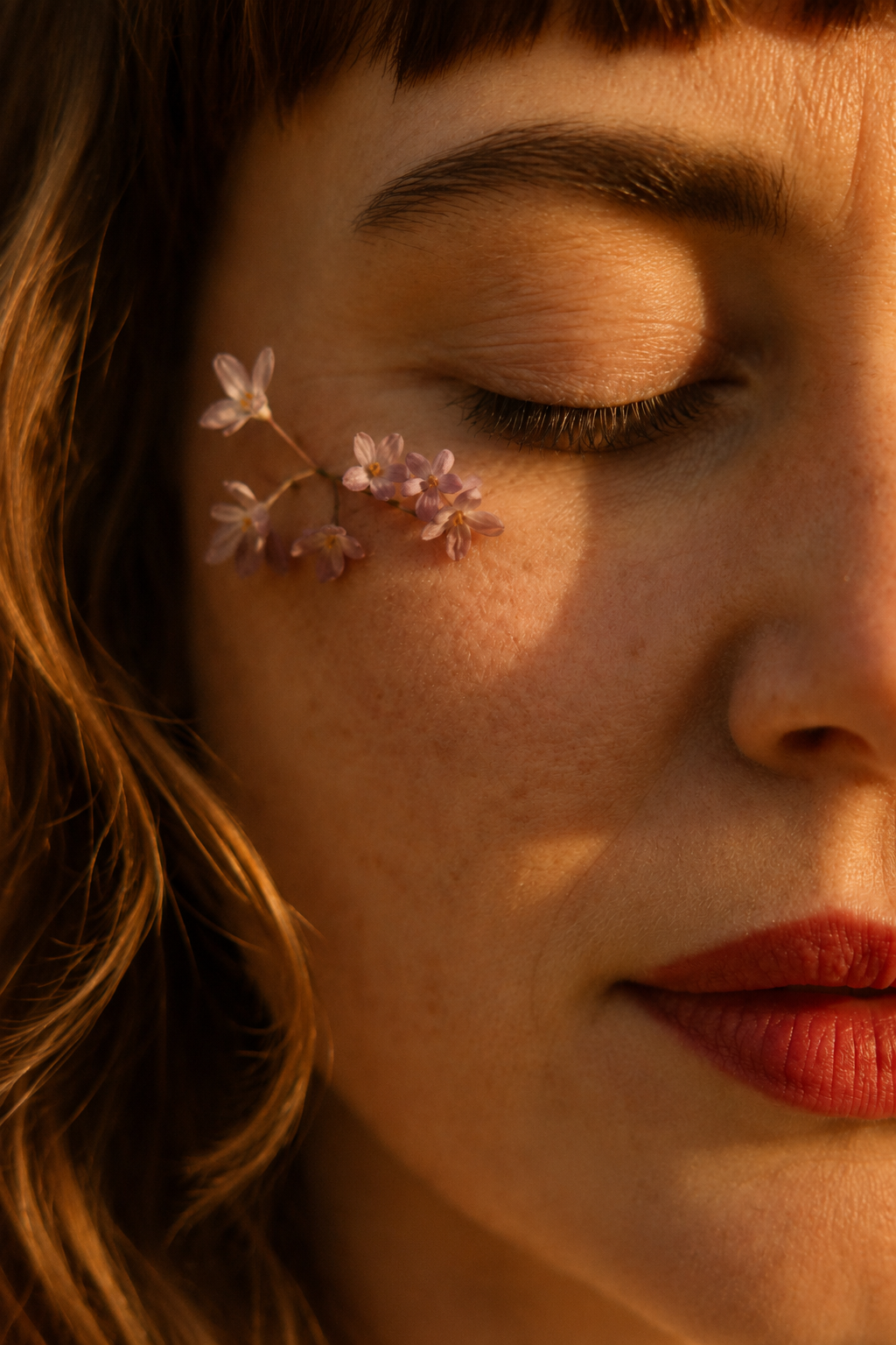 Portrait rapproché d'une femme, fleurs posées sur la joue